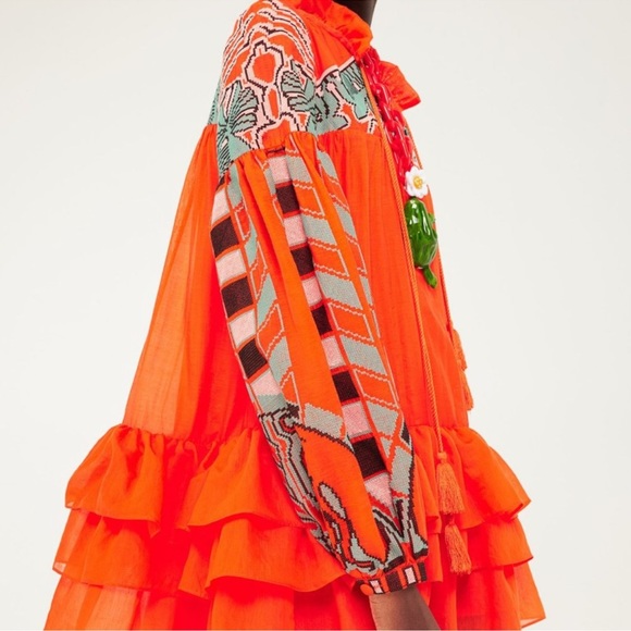 Iris Apfel X H&M Flounce Embroidered Tunic Dress Orange - Picture 9 of 11